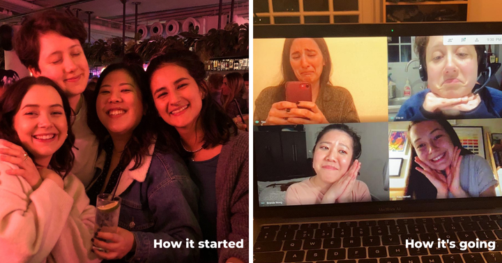 A split screen on the left is a group of girls at a party having fun, and on the right are the same group of girls looking sa