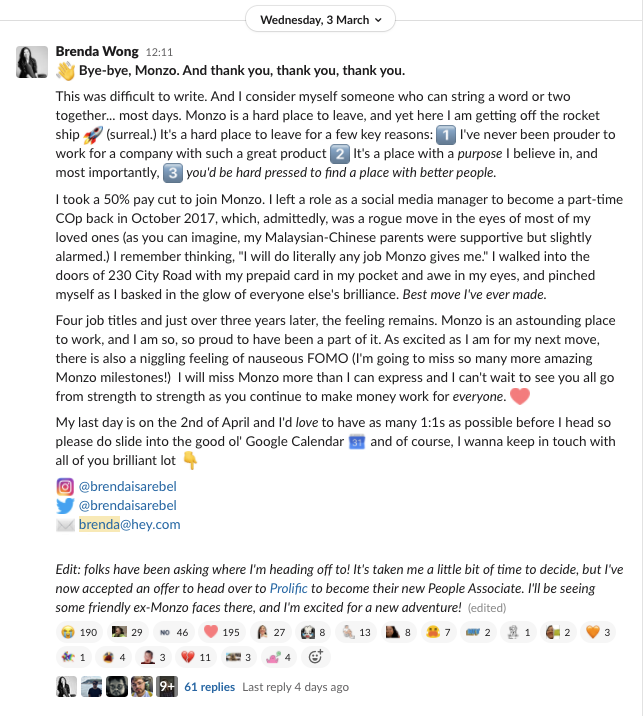 A screenshot of a Slack post where Brenda writes about leaving Monzo (taken from their internal #leavers channel) 